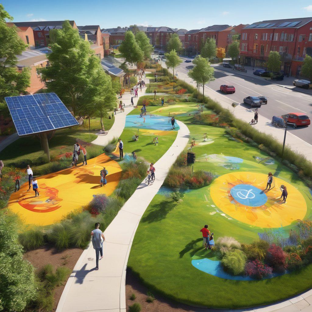 A vibrant community scene depicting people engaged with Sallyander technology, showcasing innovative green spaces, colorful murals, and happy faces. Include elements like solar panels, eco-friendly transport, and children playing, all in a lively urban setting. Bright colors and a bustling atmosphere should convey a sense of joy and progress. super-realistic. vibrant colors. 3D.