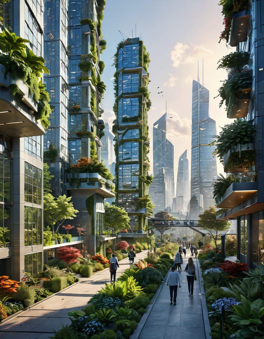 A futuristic cityscape thriving with vibrant flora and advanced Sallyander technology, showcasing innovative devices enhancing daily life. Highlight sustainable energy sources and communal spaces filled with people engaging with technology harmoniously. The skyline is dotted with greenery, and the atmosphere is lively and optimistic, reflecting a bright future. super-realistic. vibrant colors. 3D.