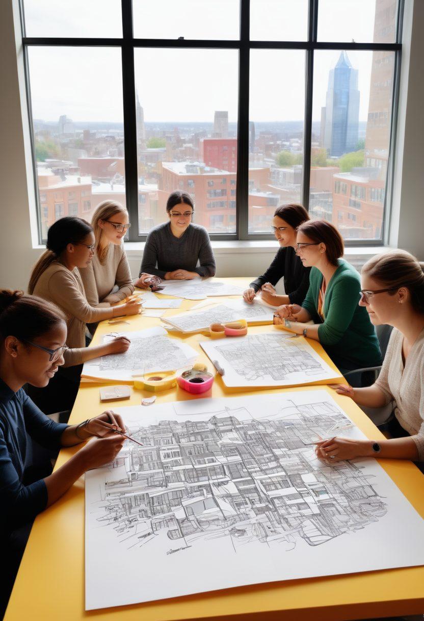 A dynamic scene of a diverse group of innovators collaborating around a table covered with Sallyander products, showcasing vibrant prototypes and sketches of local projects. In the background, a large window reveals a bustling city, symbolizing local innovation. Bright and inviting colors enhance the atmosphere of creativity and community empowerment. super-realistic. vibrant colors. 3D.